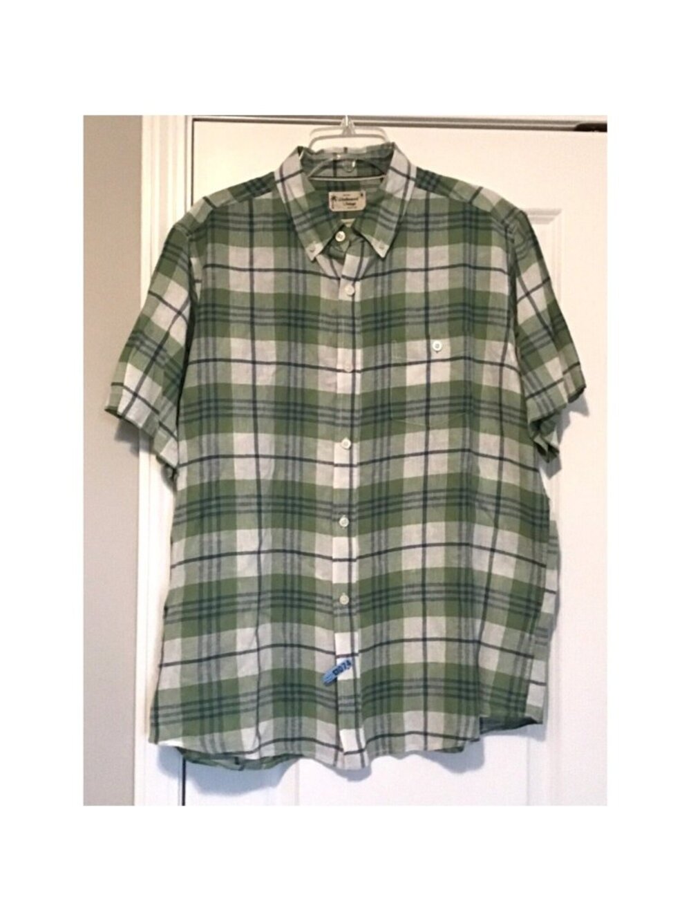 Green Blue Plaid Shirt Men's L Linen Blend Short Sleeve Button Up Weatherproof
